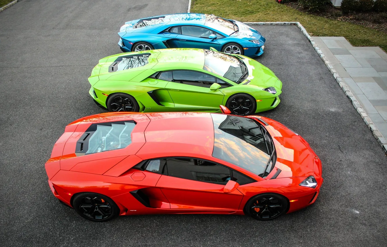 Фото обои green, Lamborghini, red, blue, three, mixed, LP700-4, Aventador