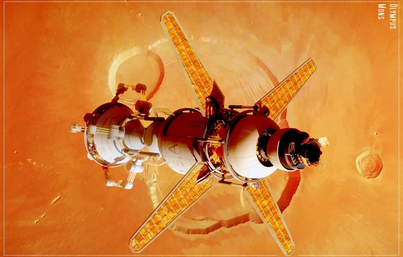 Фото обои космос, планета, космический аппарат, Martian lander, Olympus mons