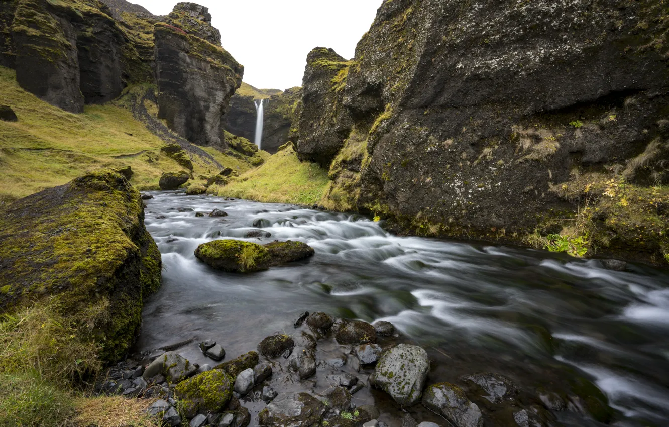 Фото обои Природа, Водопад, Скалы, Река, Камни, Норвегия, Мох