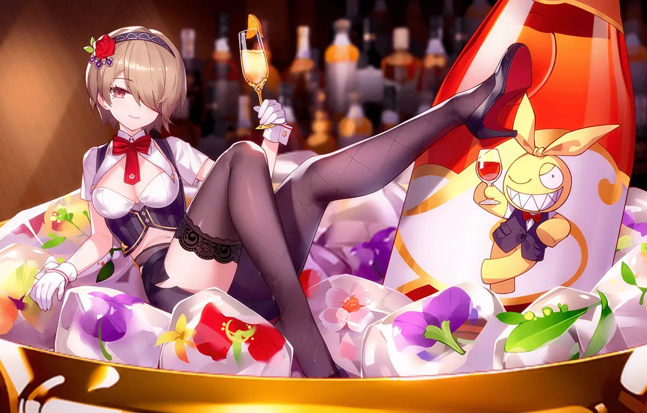 Фото обои лед, девушка, цветы, фэнтези, шампанское, Rita Rossweisse, by miHoYo, Houkai Gakuen