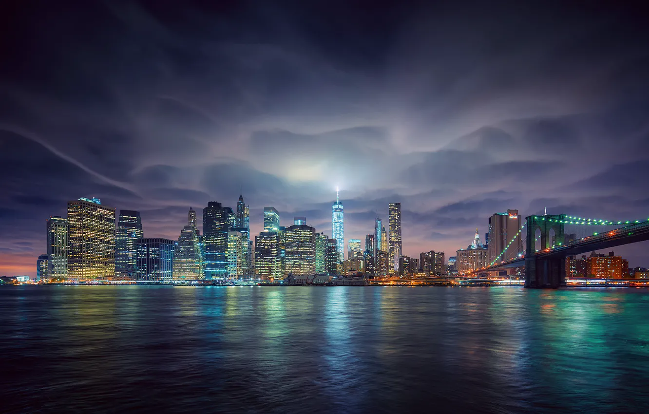 Фото обои город, огни, Нью-Йорк, вечер, США