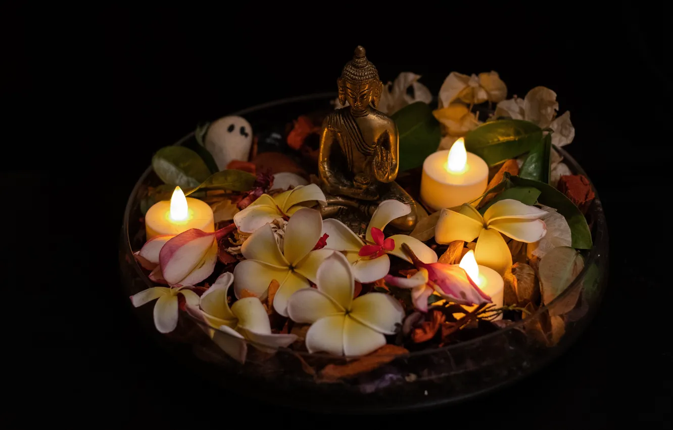 Фото обои листья, цветы, пламя, нирвана, релакс, свеча, свечи, лепестки