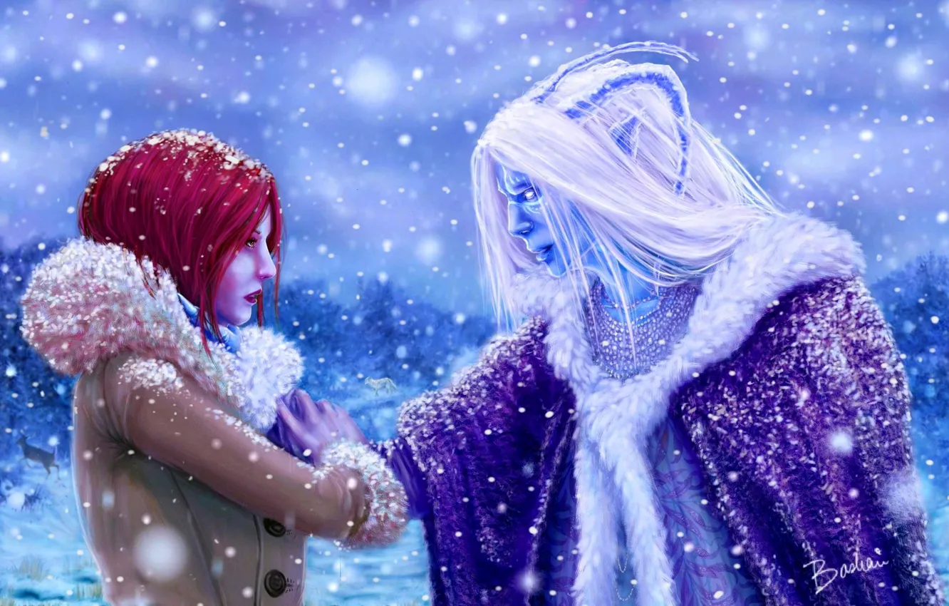 Фото обои холод, зима, девушка, снег, лицо, существо, арт, профиль