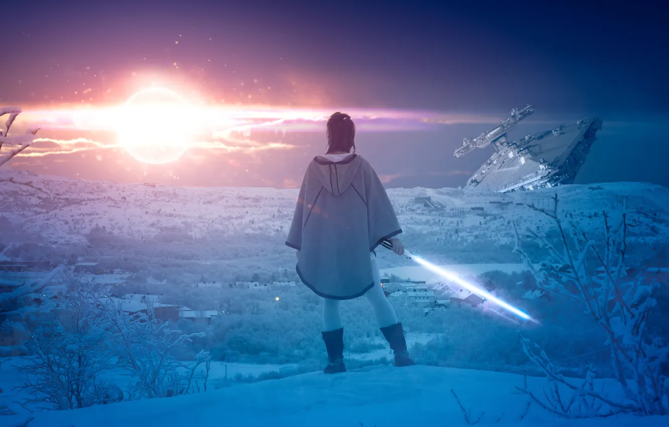 Фото обои зима, девушка, снег, фантастика, корабль, НЛО, меч, космический