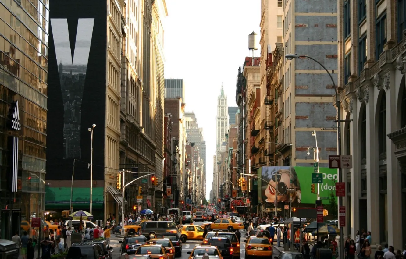 Фото обои машины, люди, дома, магазины, нью йорк, тайм сквер