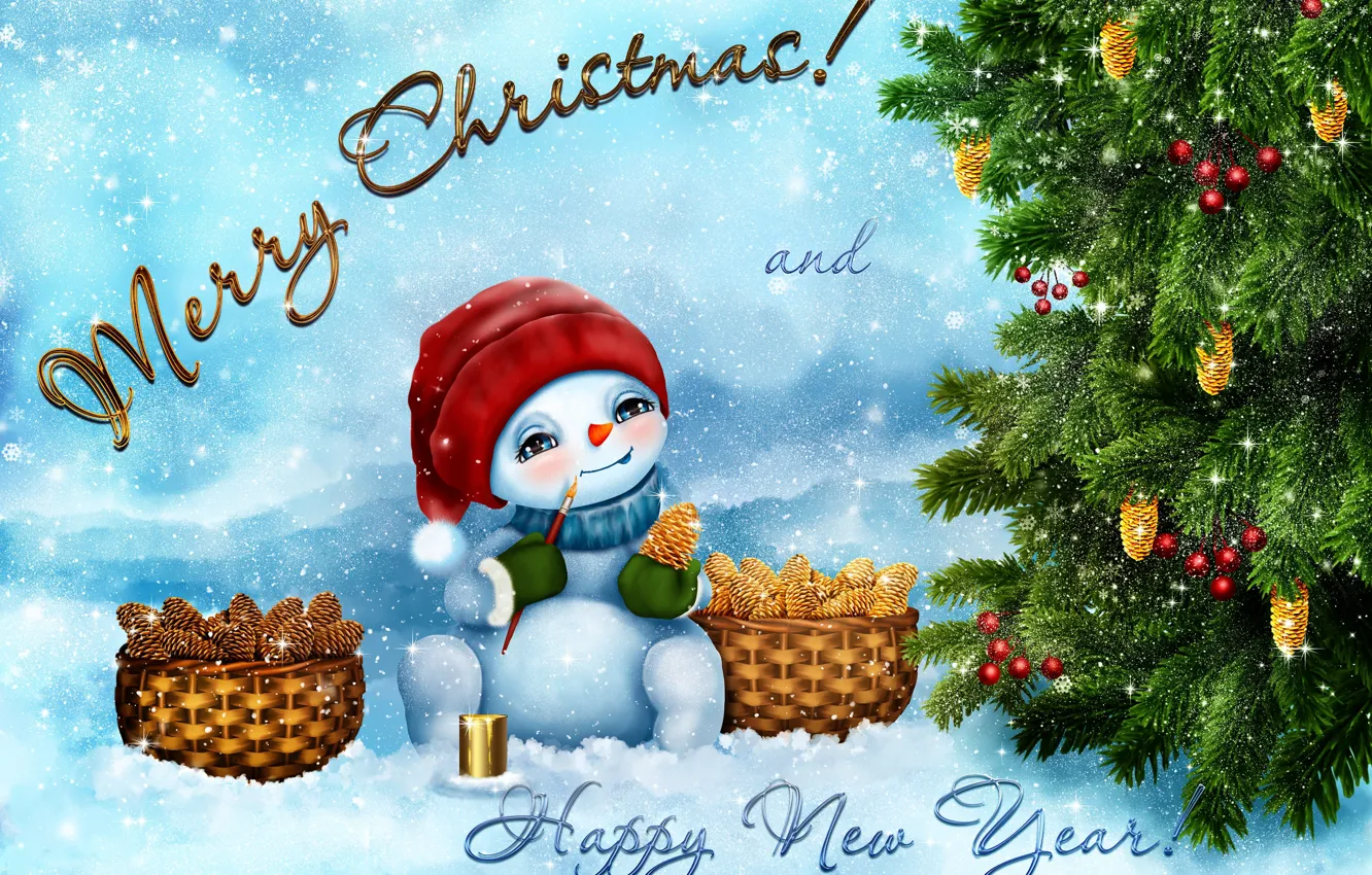 Фото обои зима, снег, надпись, графика, Рождество, сугробы, Новый год, кисточка