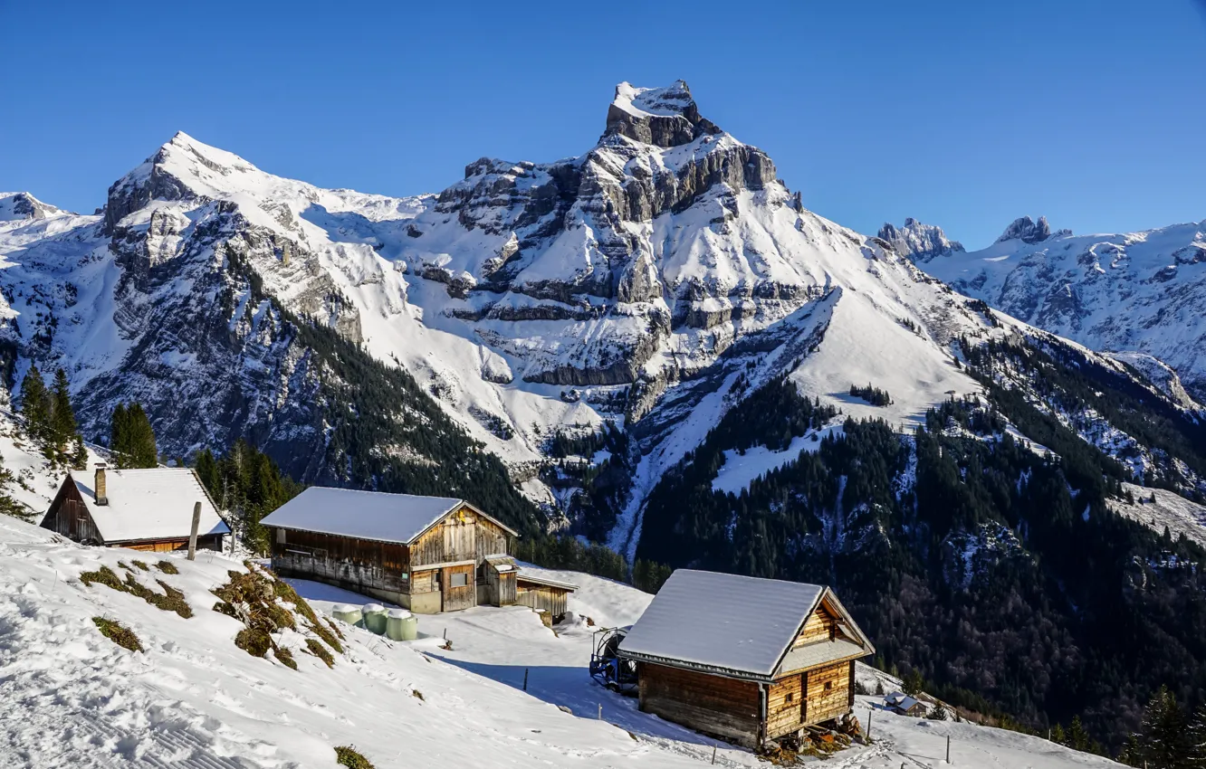 Фото обои зима, снег, горы, Швейцария, Альпы, домики