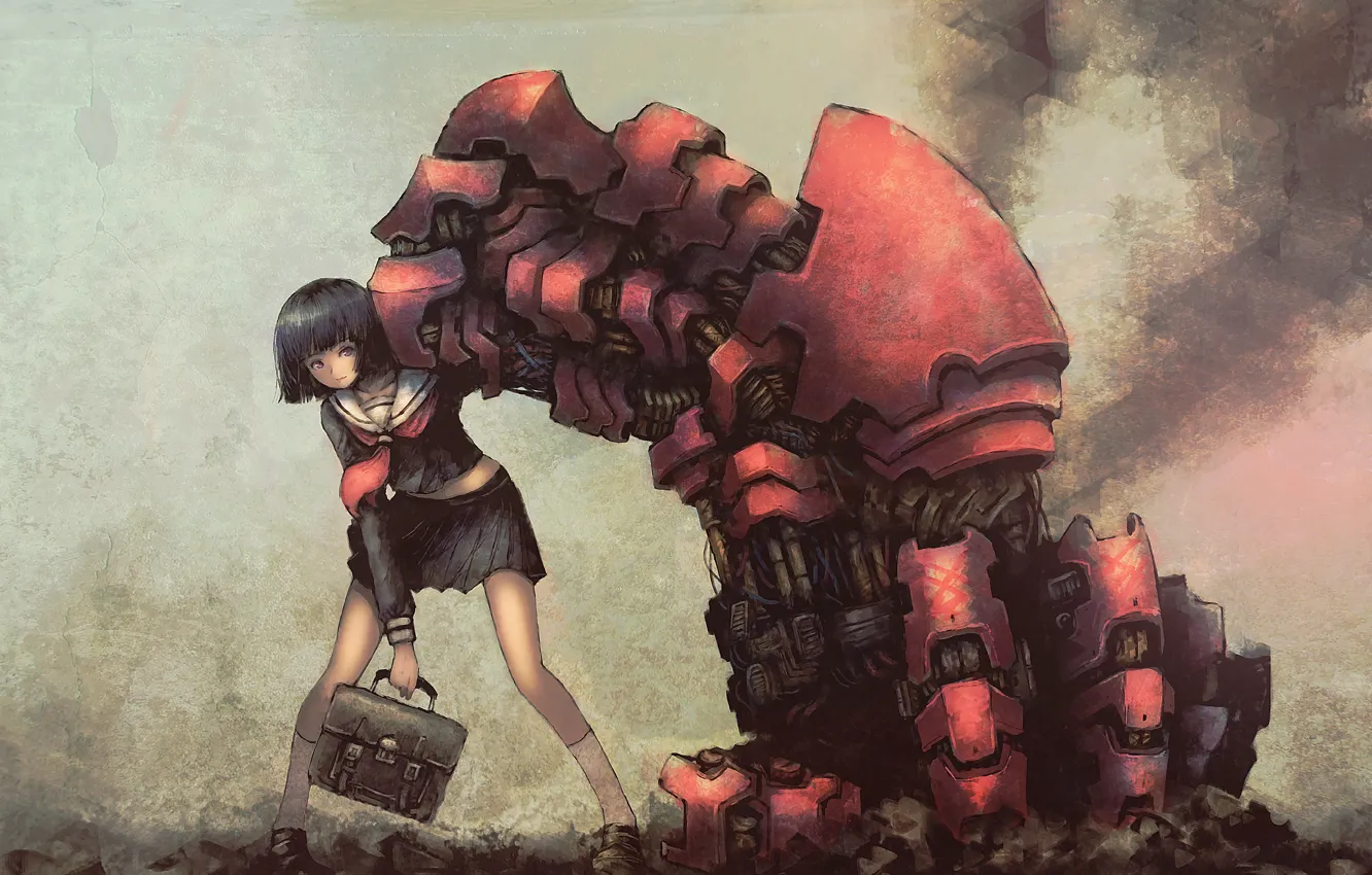 Фото обои девушка, робот, рука, аниме, арт, форма, школьница, портфель