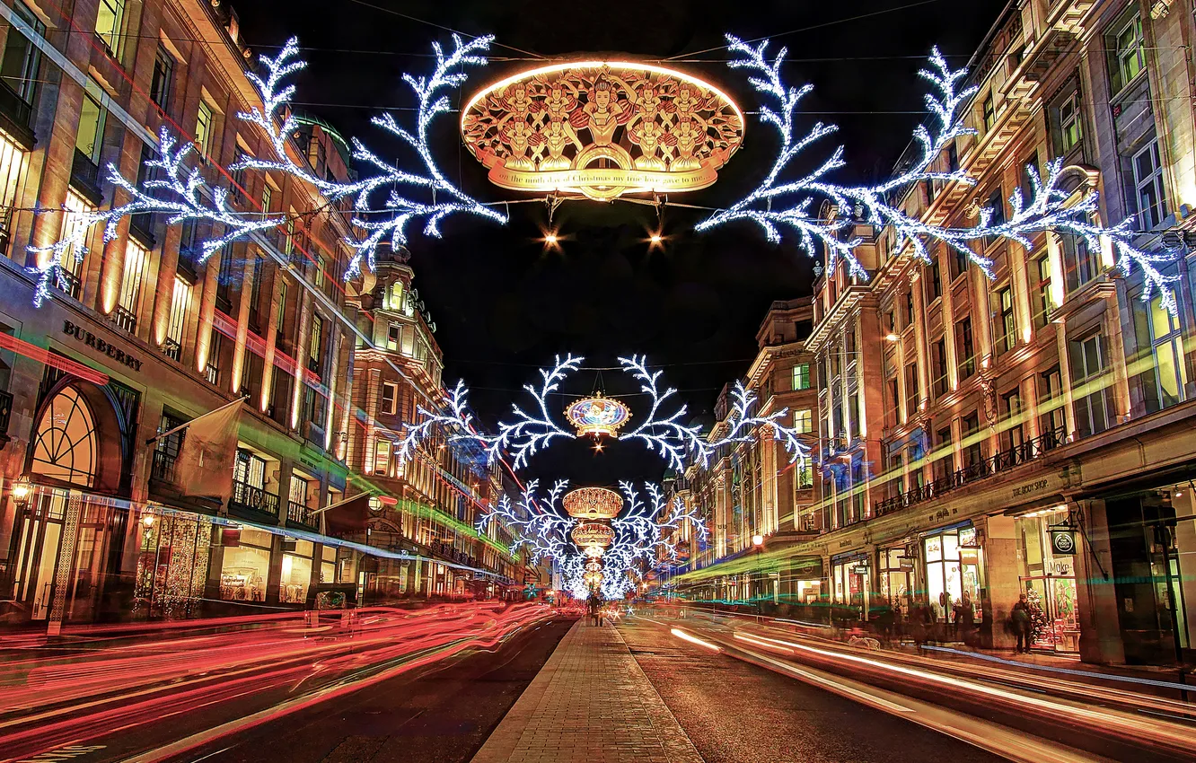 Фото обои ночь, огни, праздник, улица, Англия, Лондон, Новый Год, иллюминация