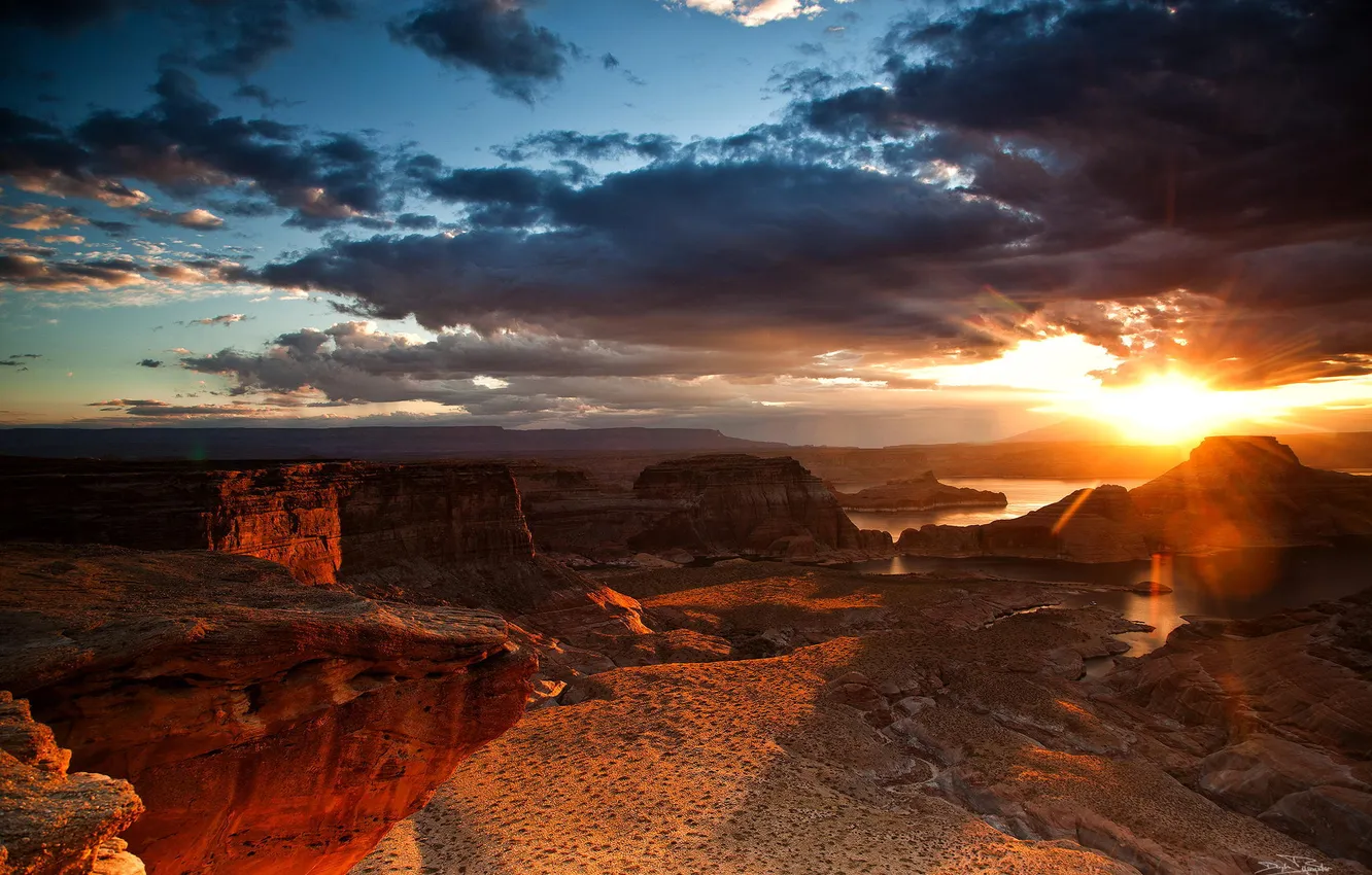 Фото обои закат, река, скалы, каньон