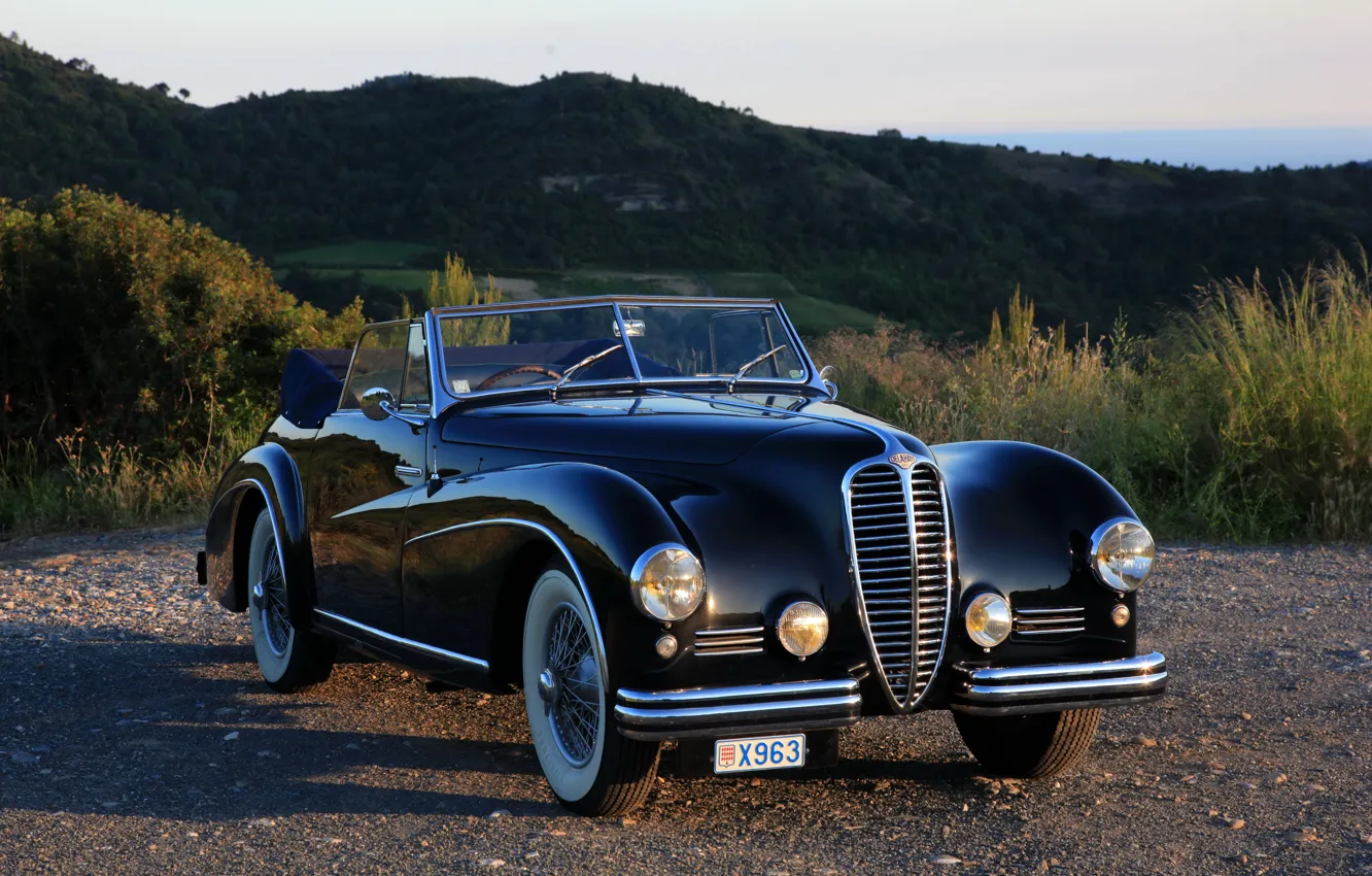 Фото обои закат, природа, ретро, черный, 1950, Cabriolet, Delahaye, Delahaye 135 M Atlas