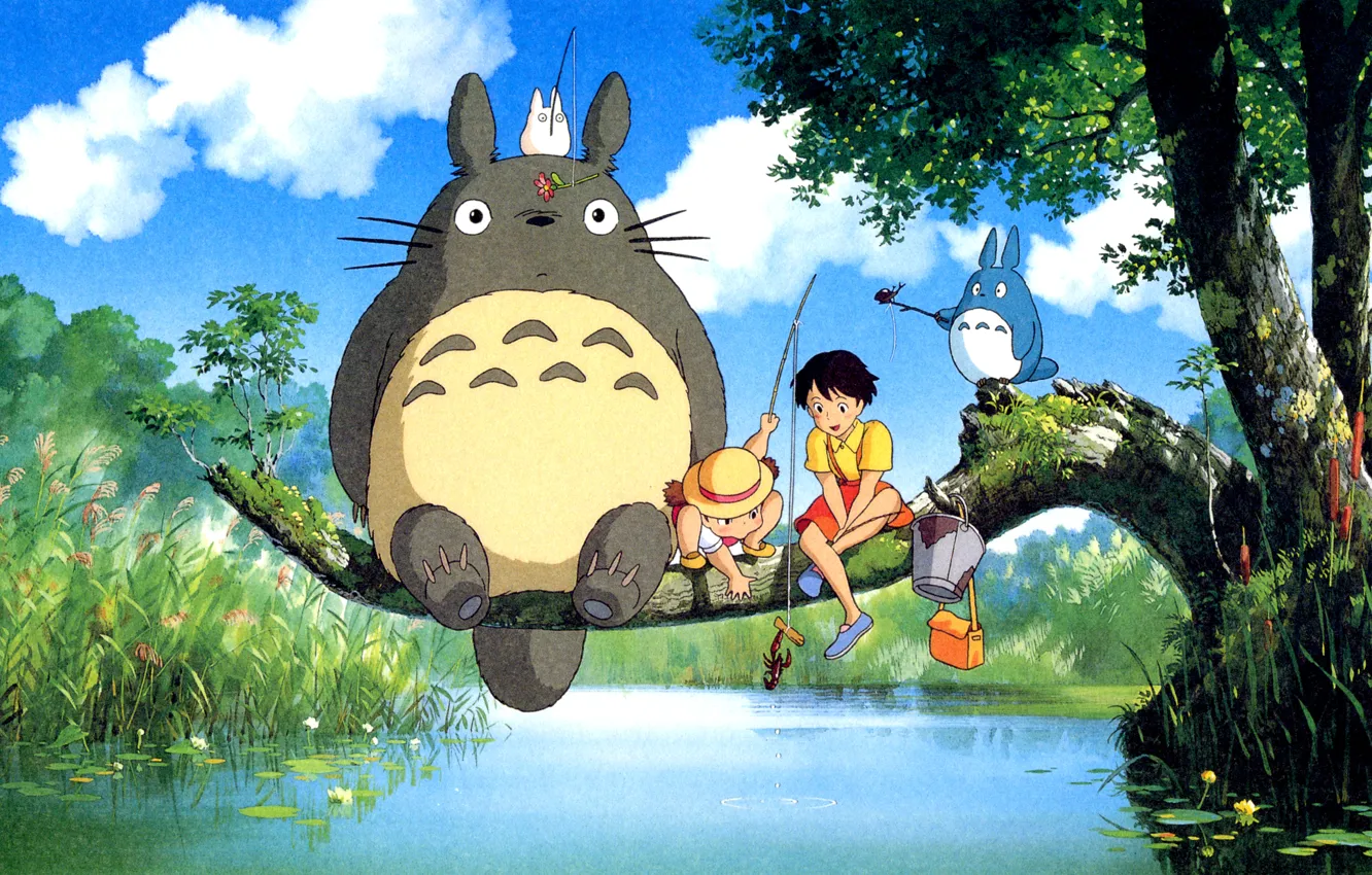 Фото обои река, дерево, Тоторо, мой сосед тоторо, ghibli, хаяо миядзаки, Totoro, Satsuki Kusakabe