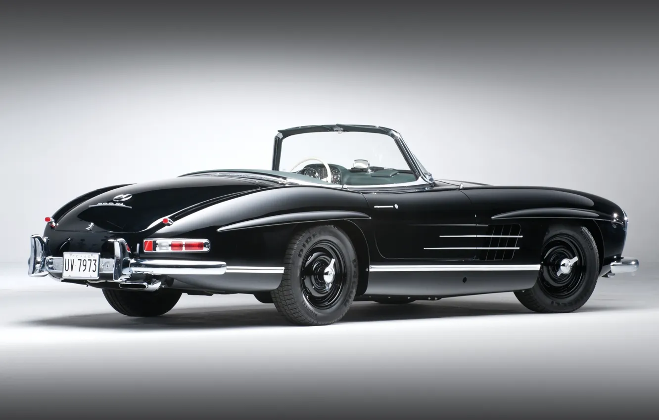 Фото обои чёрный, кабриолет, классика, mercedes-benz, мерседес, вид сзади, 1957, красивая машина