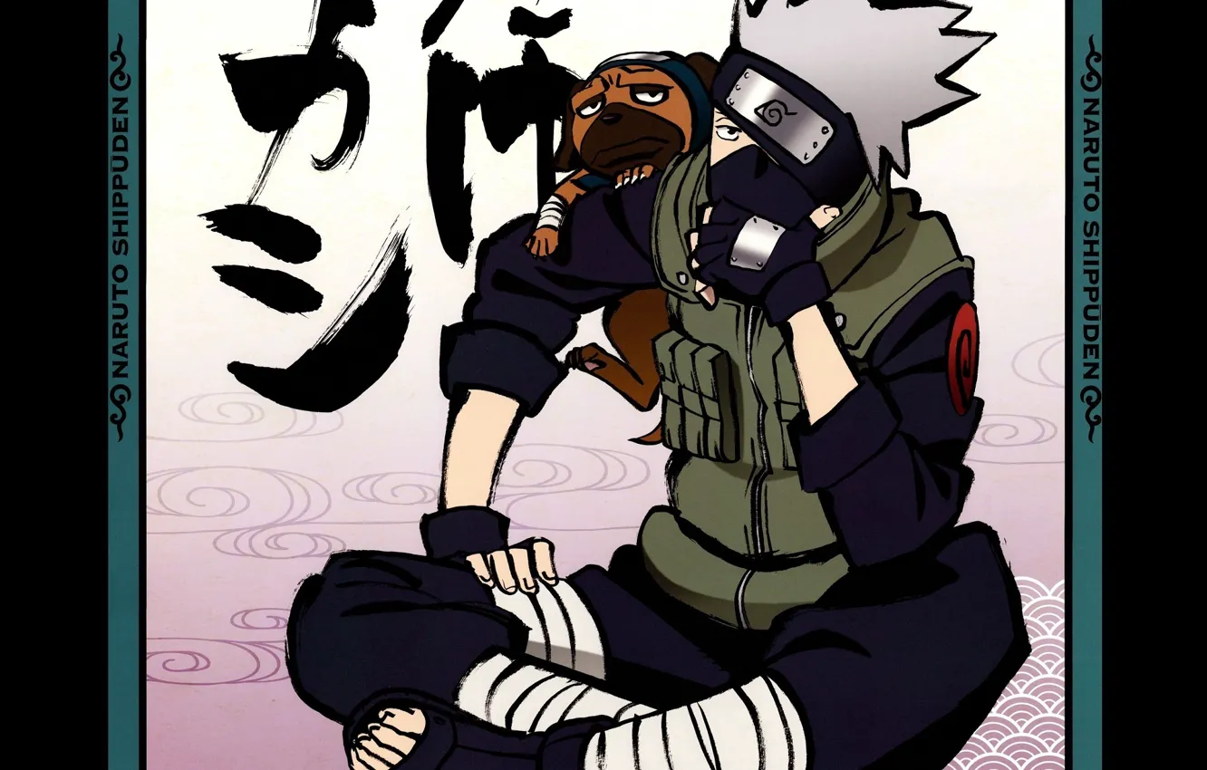 Фото обои эмблема, Naruto, белые волосы, жилет, ninja, sensei, Kakashi Hatake, Pakkun