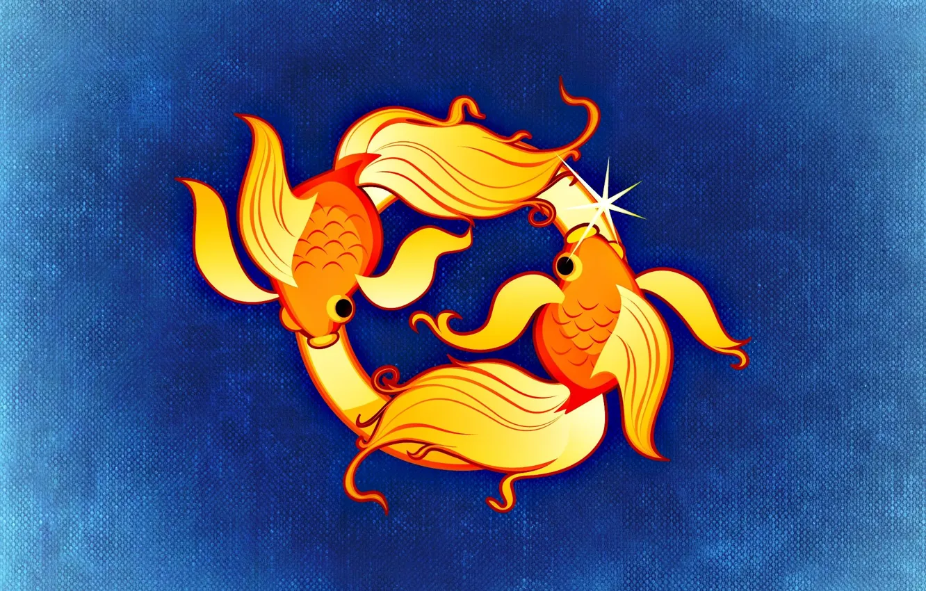 Фото обои желтый, рисунок, графика, рыба, символ, синий фон, знаки зодиака, символика