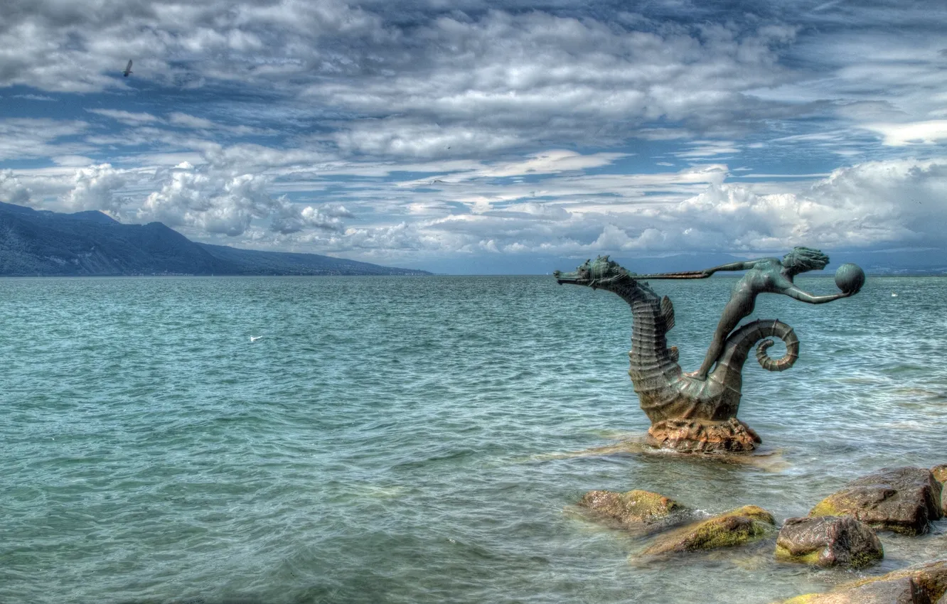 Фото обои облака, камни, Швейцария, скульптура, Switzerland, Женевское озеро, Монтрё, Lake Geneva