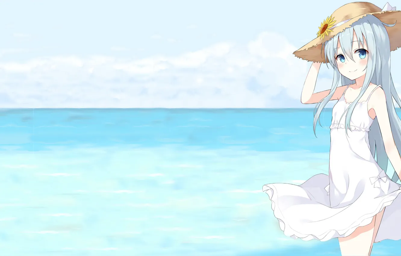 Фото обои море, девочка, шляпка