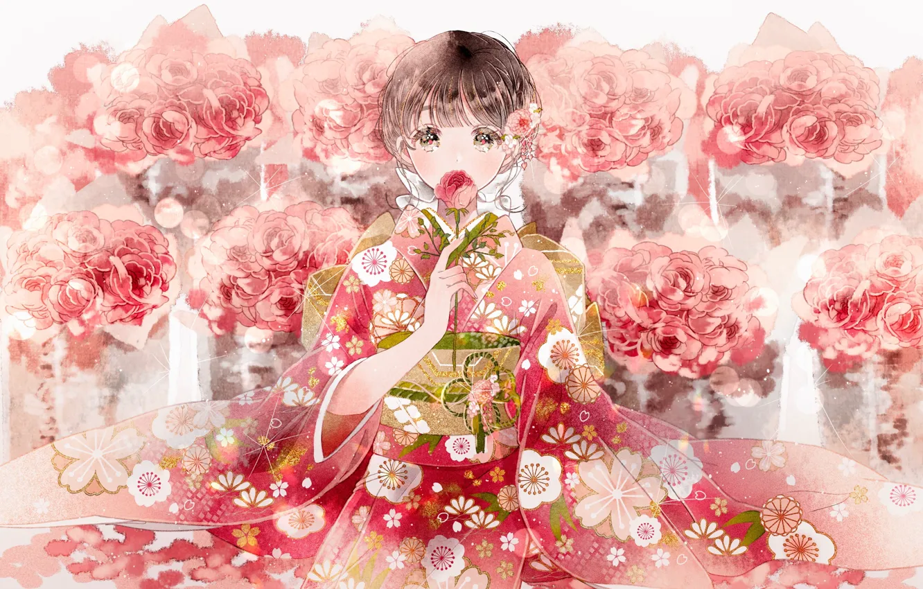 Фото обои девушка, цветы, розы, кимоно