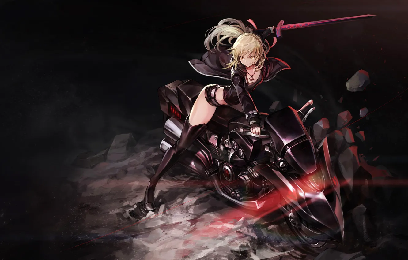 Фото обои меч, Мотоцикл, сейбер, Fate / Grand Order, Судьба великая кампания
