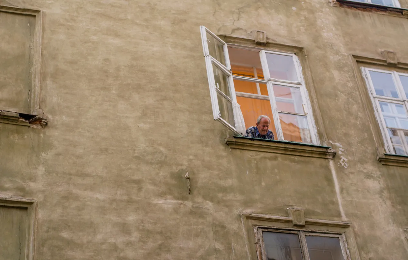 Фото обои окна, дед, старик, туризм, Украина, львов, из окна, архитекектура