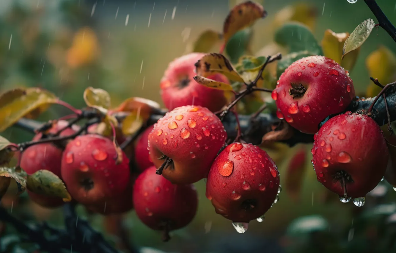 Фото обои листья, капли, яблоки, ветка, урожай, красные, висят, цифровое искусство