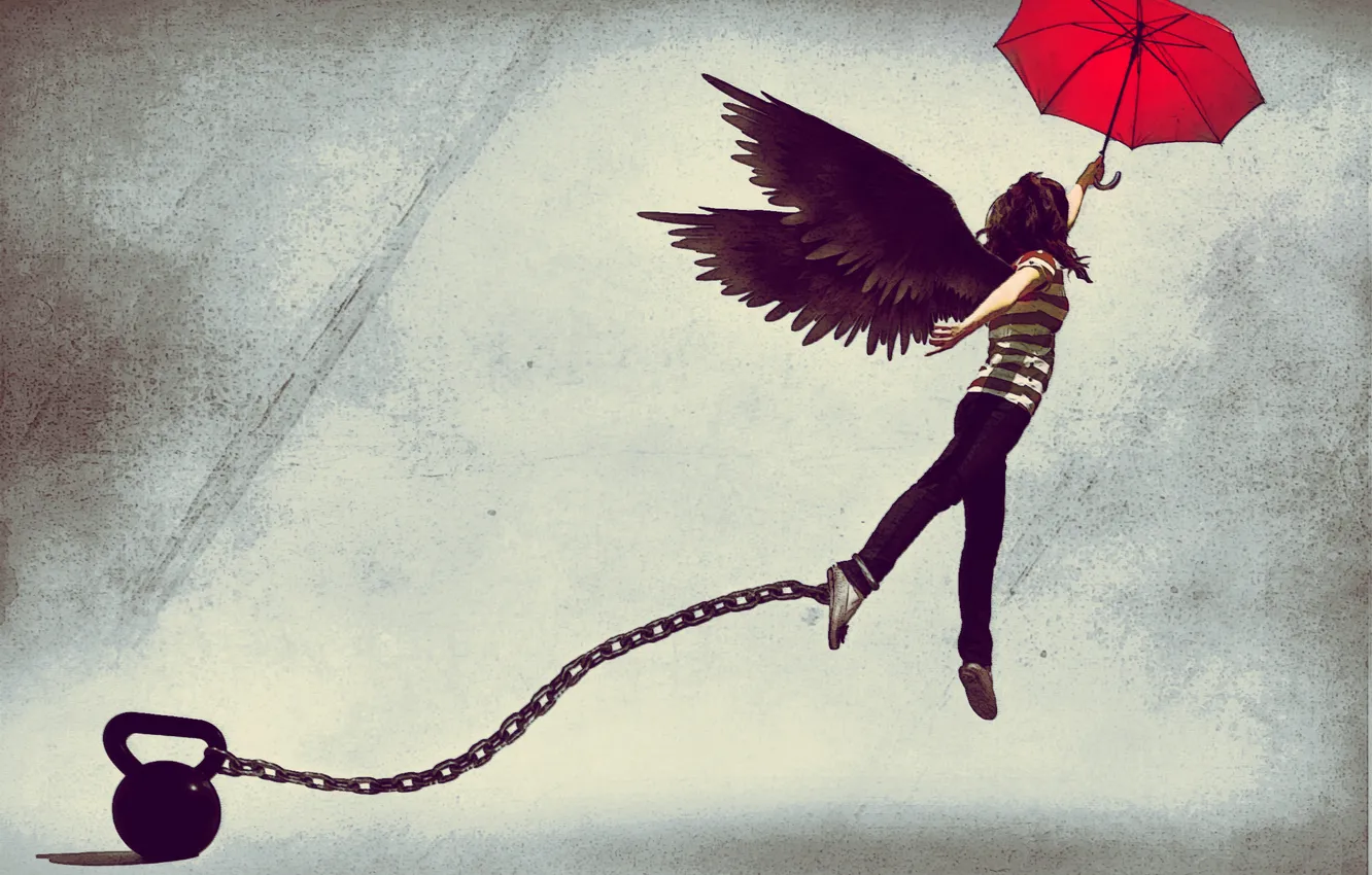 Фото обои девушка, зонтик, рисунок, крылья, зонт, цепь, гиря