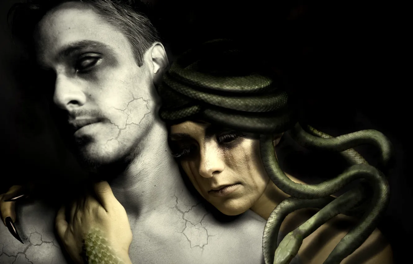 Фото обои змеи, фантастика, когти, статуя, парень, Medusa, каменный, медуза горгона