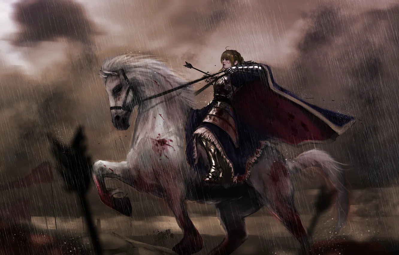 Фото обои battlefield, blood, fantasy, Fate/Stay Night, rain, armor, anime, painting