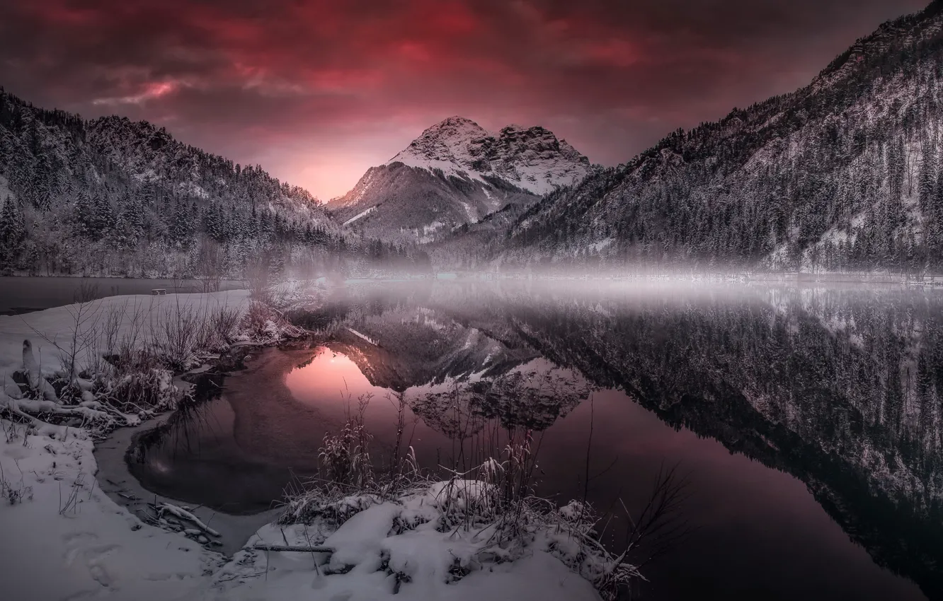 Фото обои закат, горы, природа, озеро