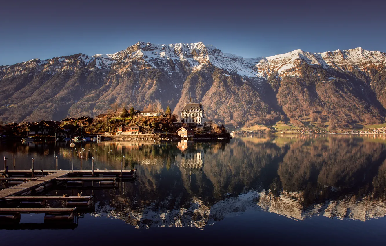 Фото обои вода, снег, горы, гладь, отражение, пристань, Швейцария