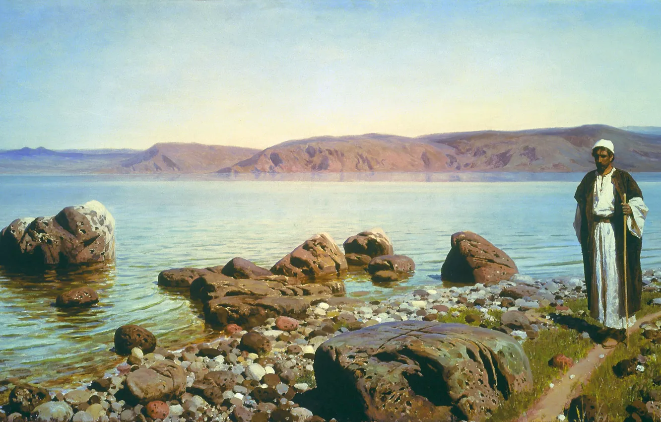 Фото обои пейзаж, горы, картина, путник, Василий Поленов, На Тивериадском озере