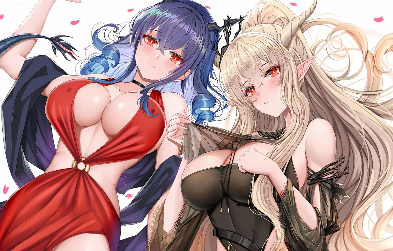 Фото обои sexy, cleavage, horns, erect nipples, long hair, dress, girls, boobs