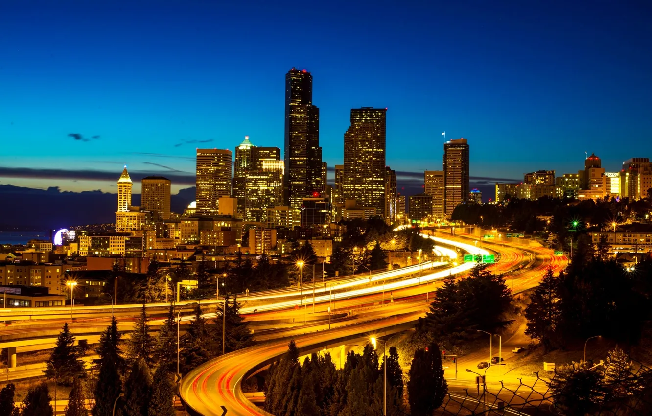 Фото обои ночь, город, огни, США, небоскрёбы, улицы, Seattle, штат Вашингтон