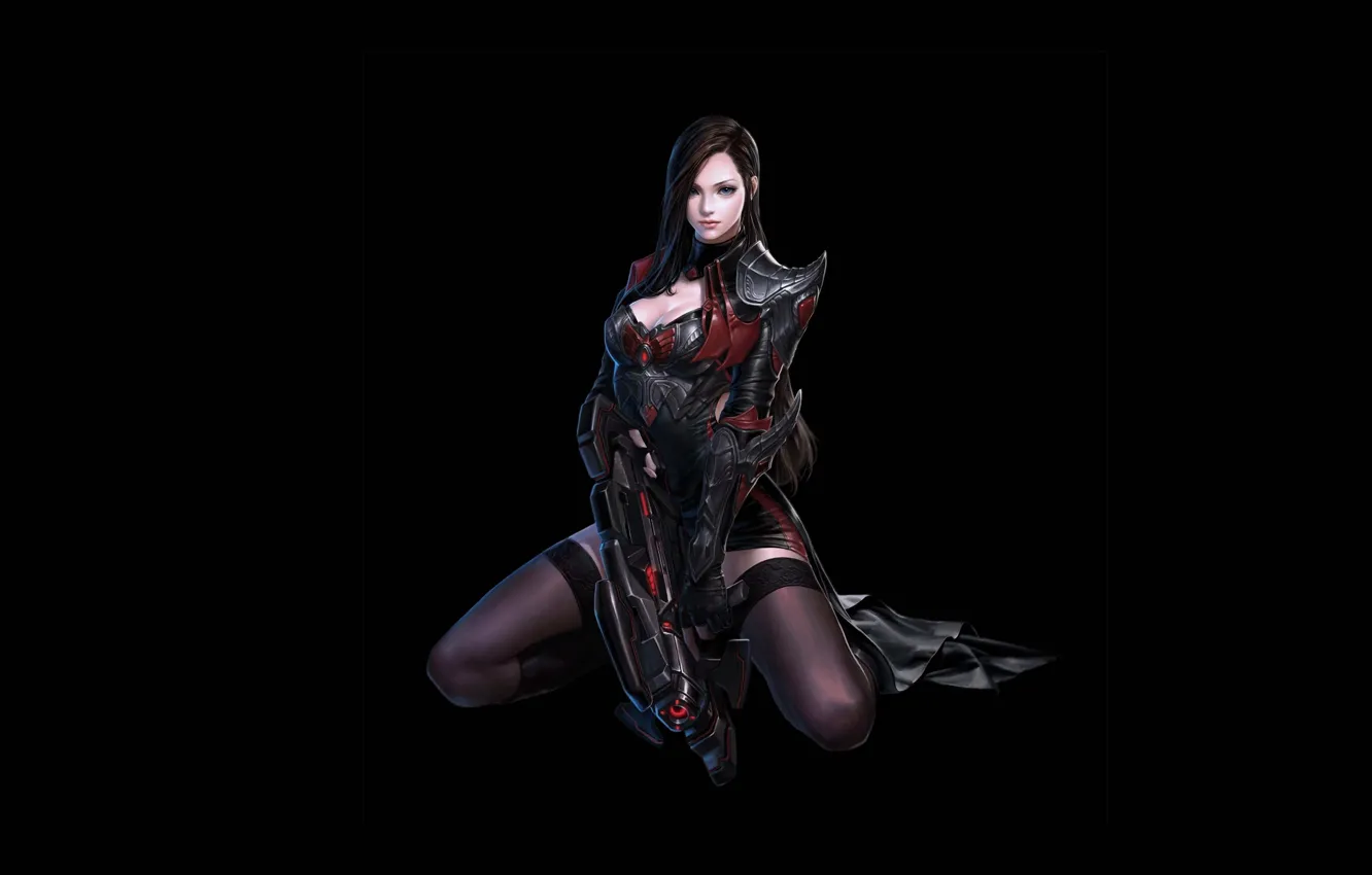 Фото обои девушка, секси, стиль, оружие, фон, фантастика, черный, рисунок