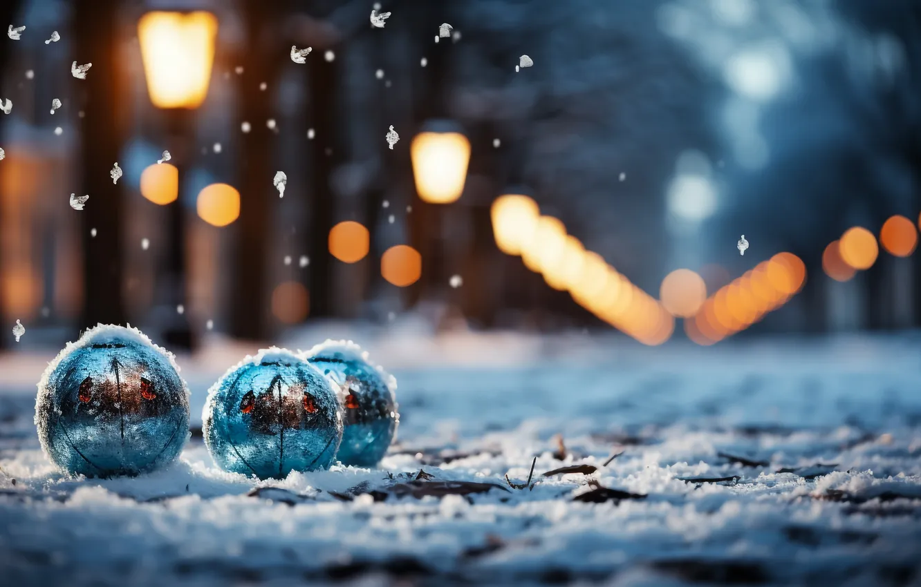 Фото обои снег, украшения, ночь, шары, Рождество, Новый год, Christmas, balls
