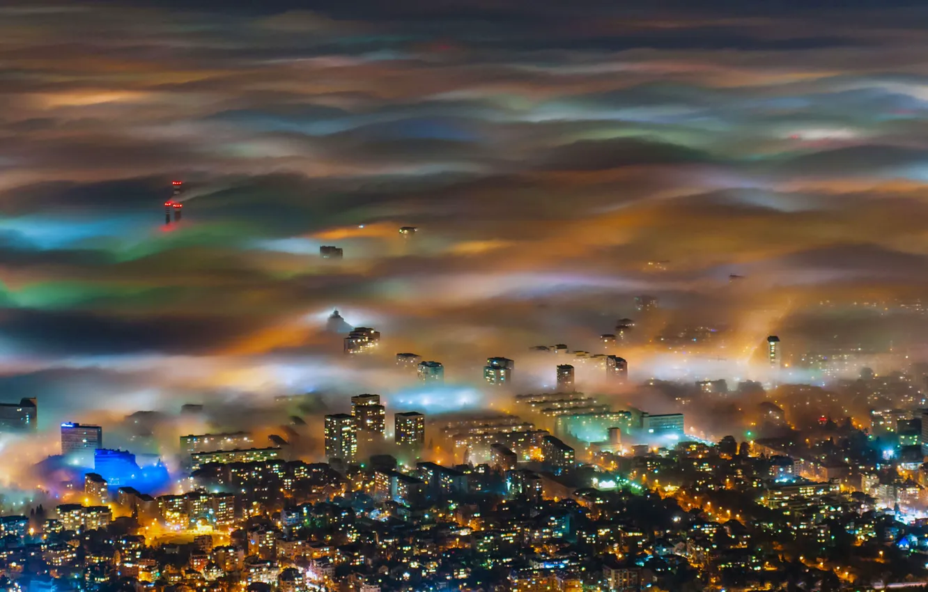 Фото обои огни, туман, панорама, Болгария, София