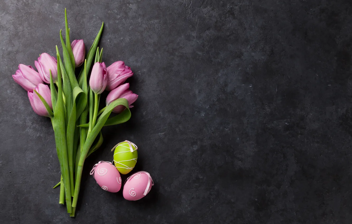 Фото обои цветы, яйца, букет, весна, colorful, Пасха, тюльпаны, happy