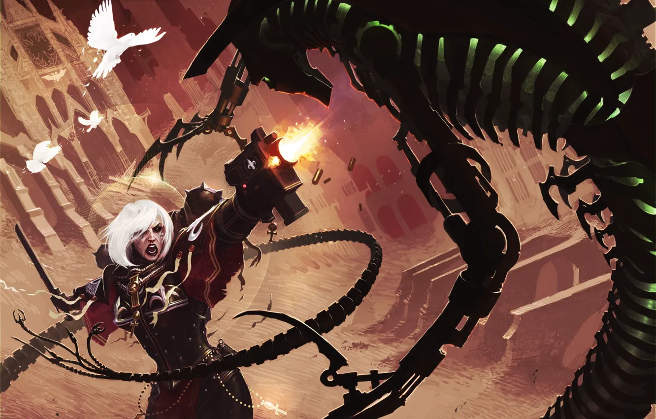 Фото обои девушка, птицы, оружие, монстр, арт, битва, Necron, Warhammer 40 000