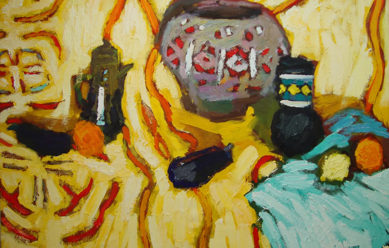 Фото обои лимон, яблоки, баклажаны, натюрморт, 2011, Петяев, голубая ткань