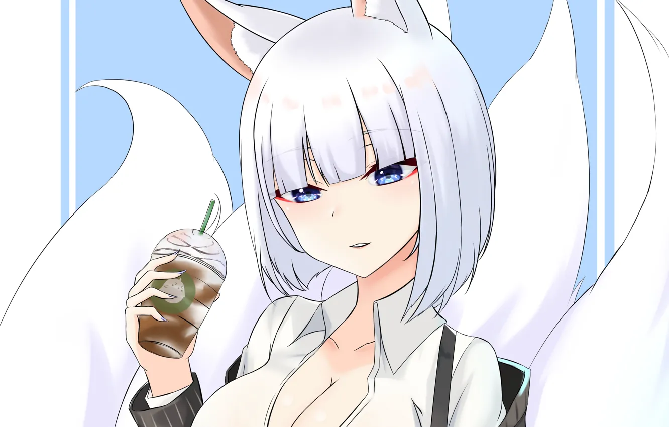 Фото обои girl, sexy, cleavage, boobs, animal ears, anime, blue eyes, beautiful