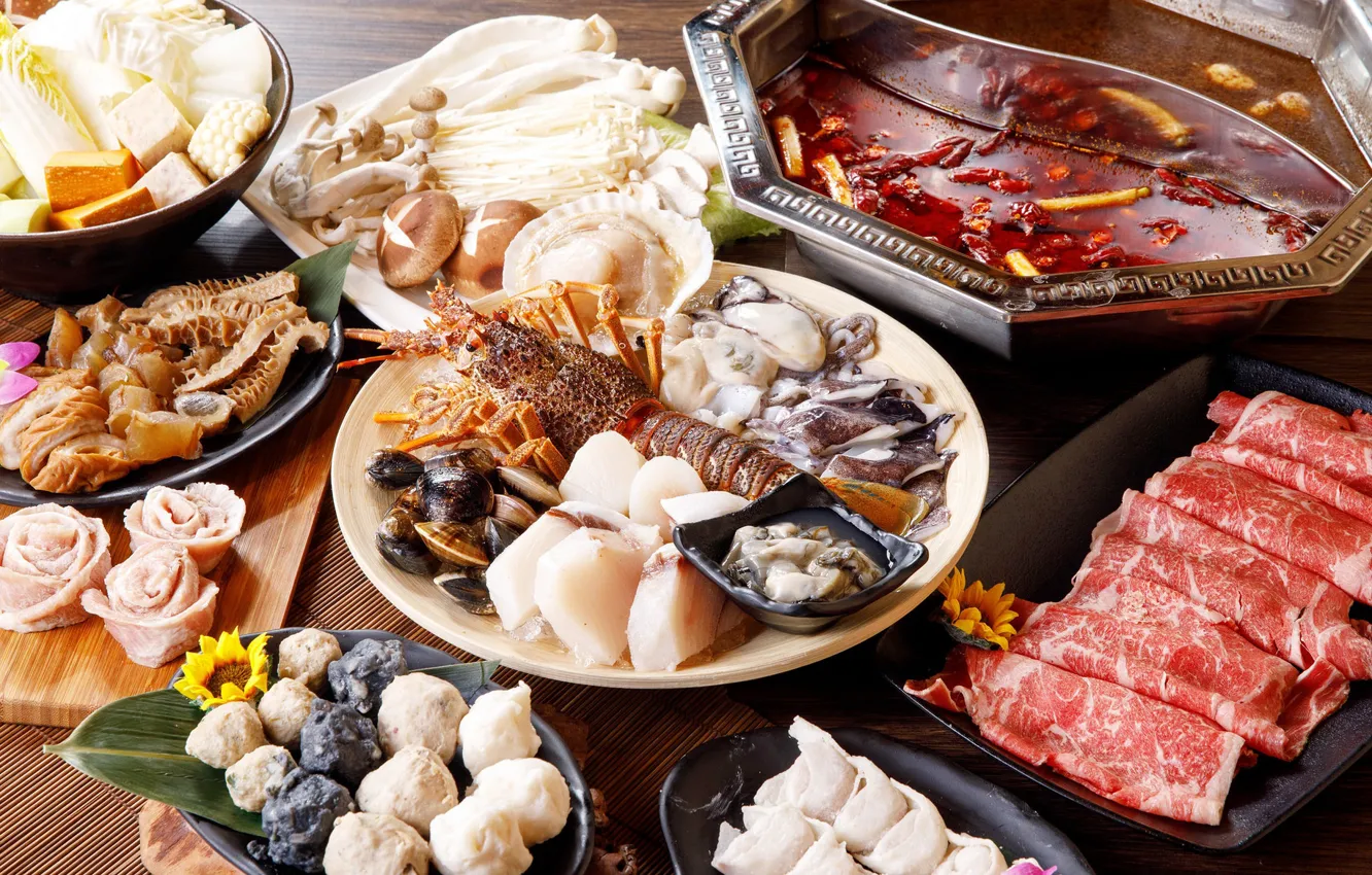 Фото обои грибы, мясо, морепродукты, блюда, ассорти, моллюски