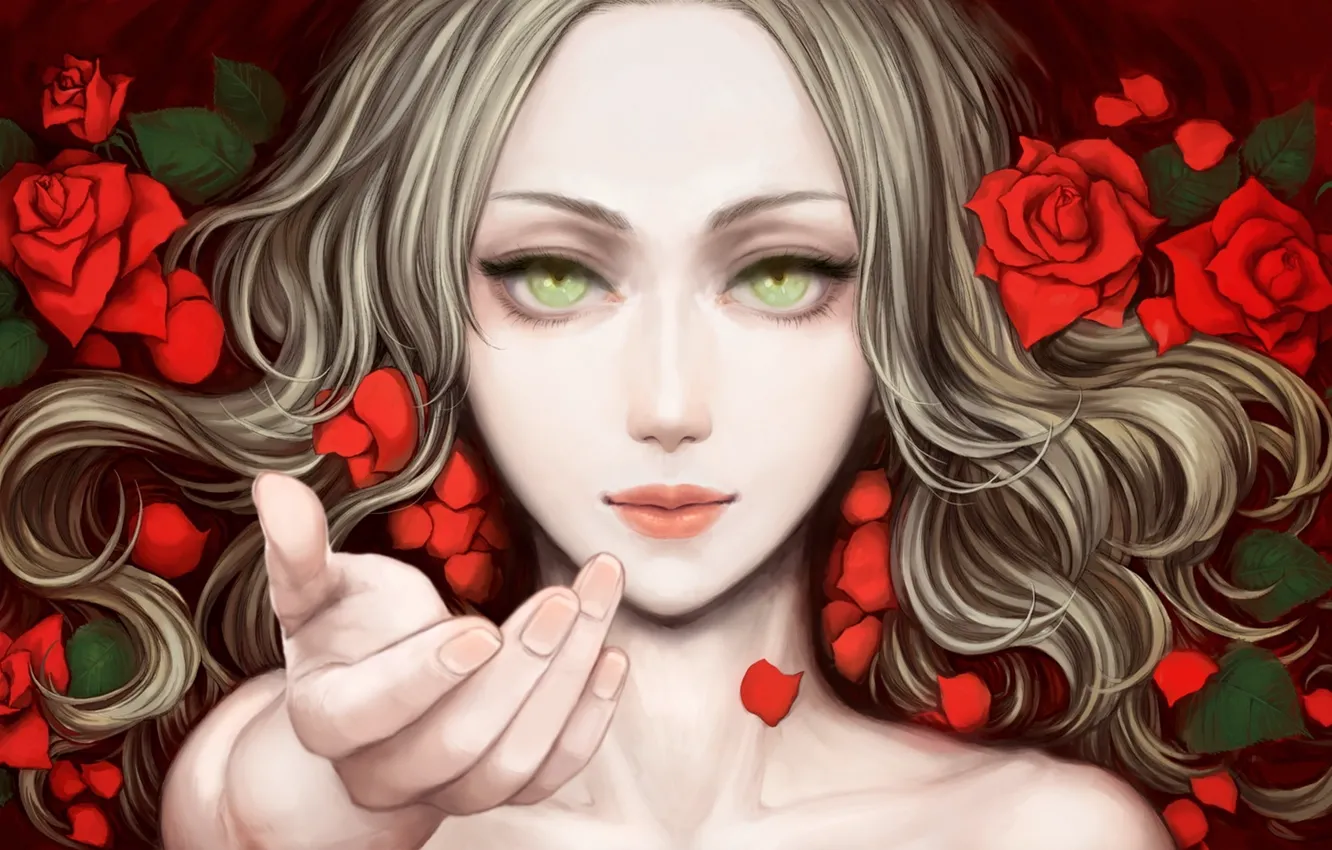 Фото обои рука, розы, лепестки, Блондинка, красные, призыв