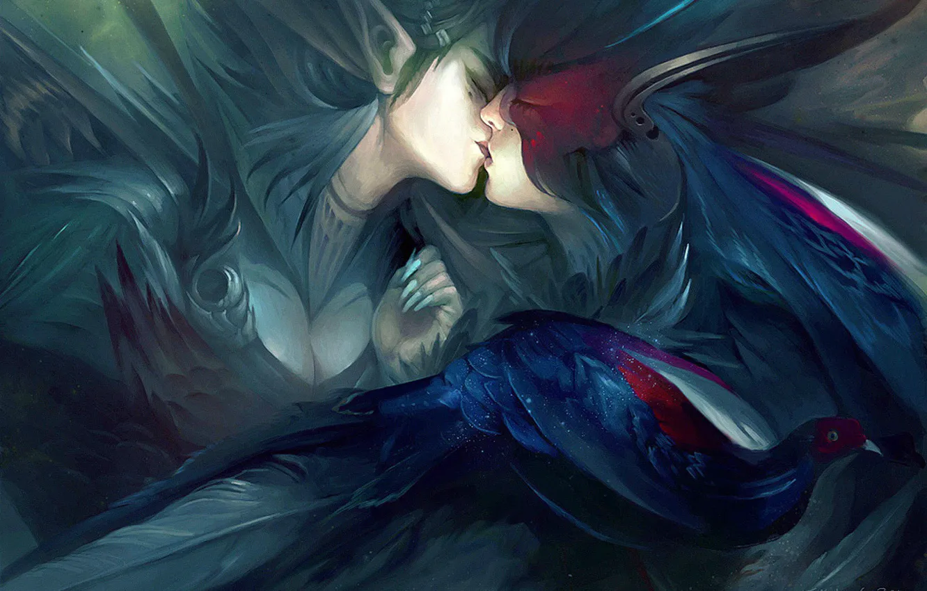 Фото обои поцелуй, перья, маска, эльфы, павлин