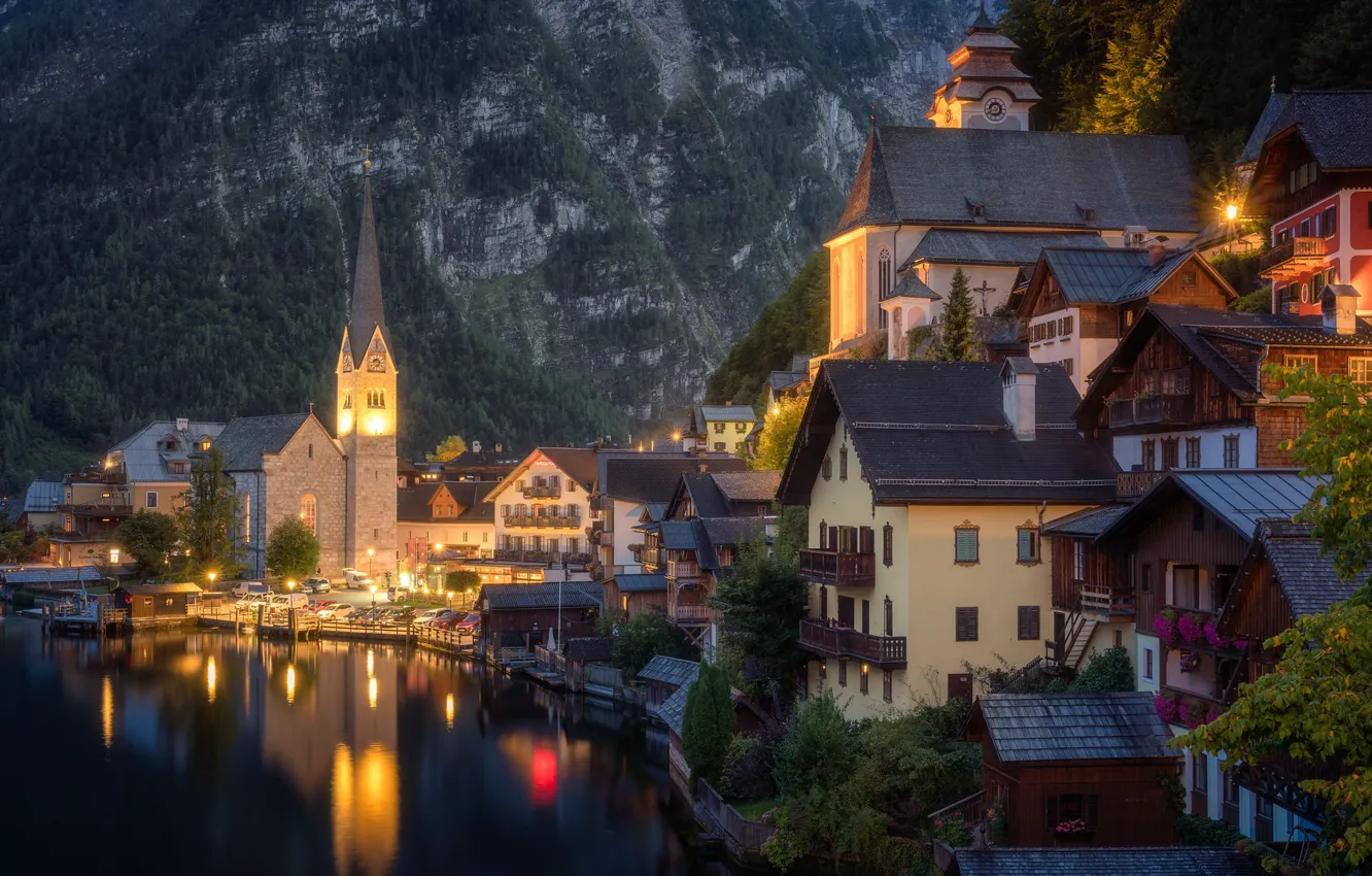 Фото обои озеро, здания, дома, вечер, Австрия, церковь, Austria, Hallstatt
