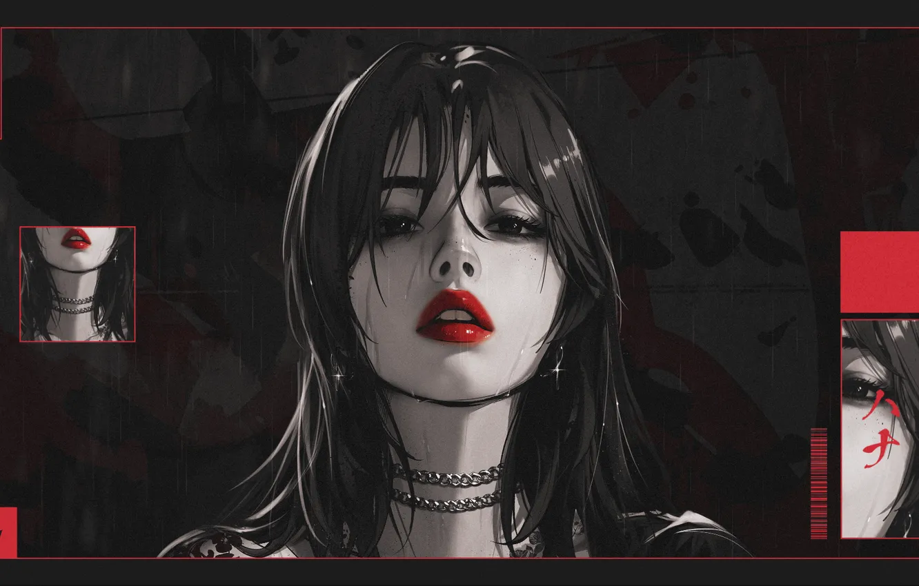 Фото обои rain, women, digital art, red lipstick, GLSSWRKS