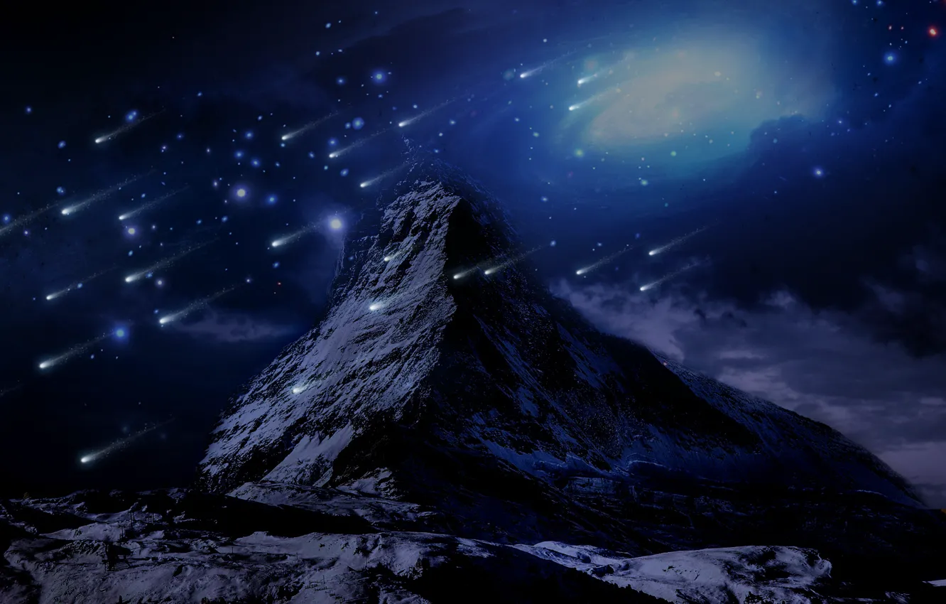 Фото обои снег, горы, ретушь, падающие звезды, фантаcтика