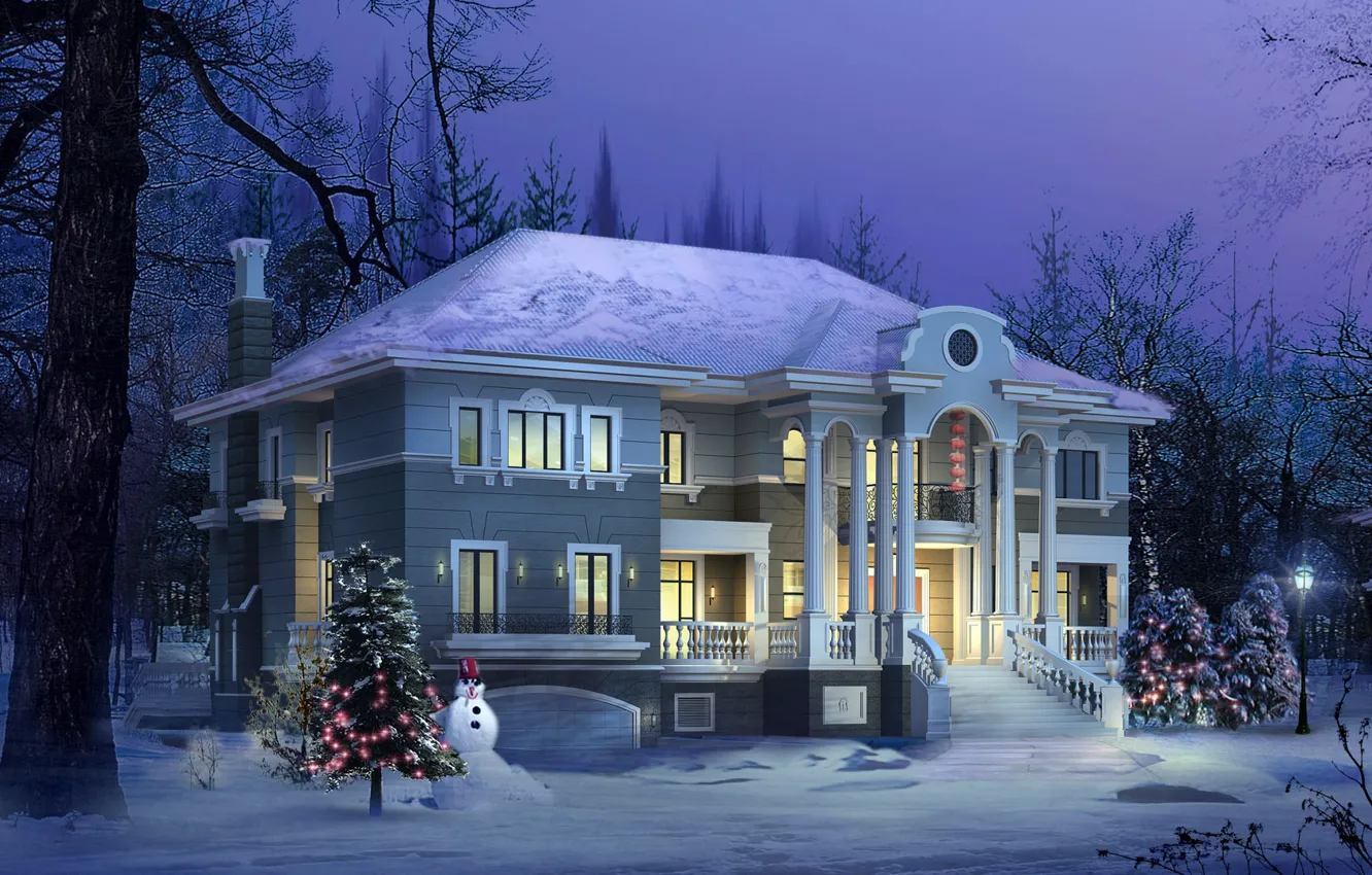 Фото обои зима, дом, визуализация