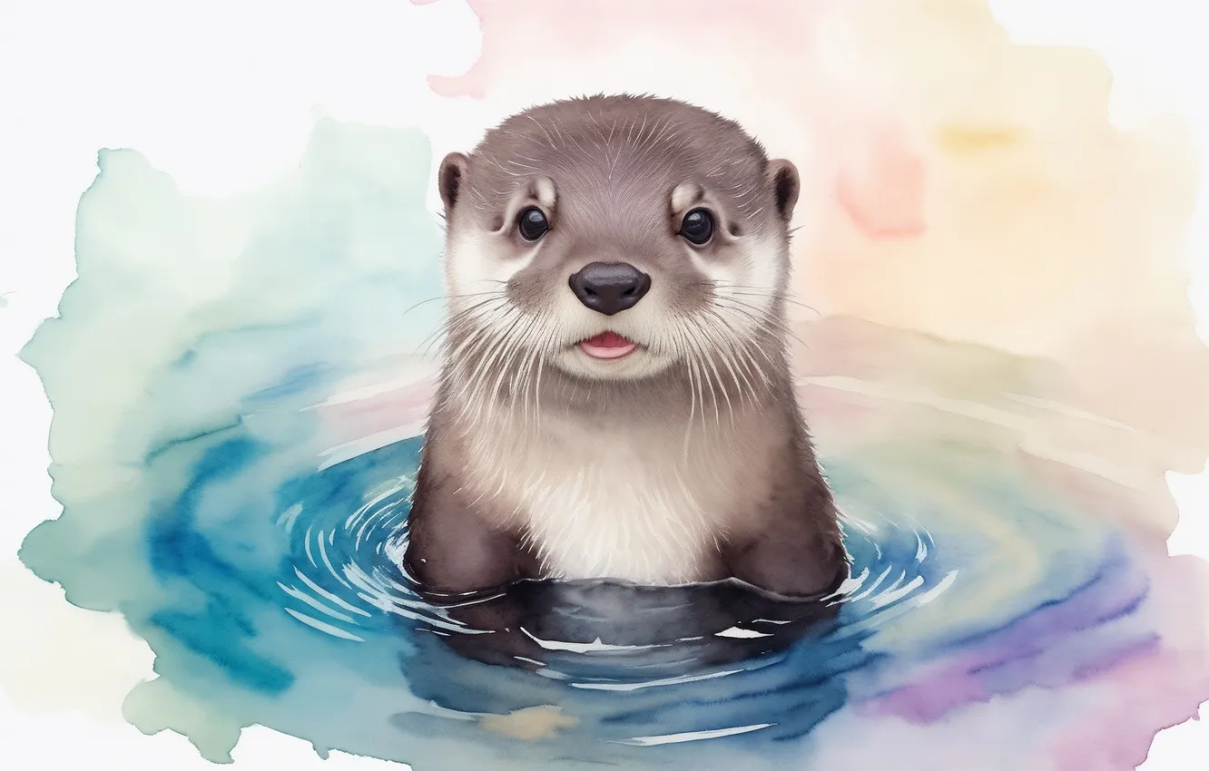 Фото обои животное, рисунок, акварель, милый, animal, cute, drawing, otter