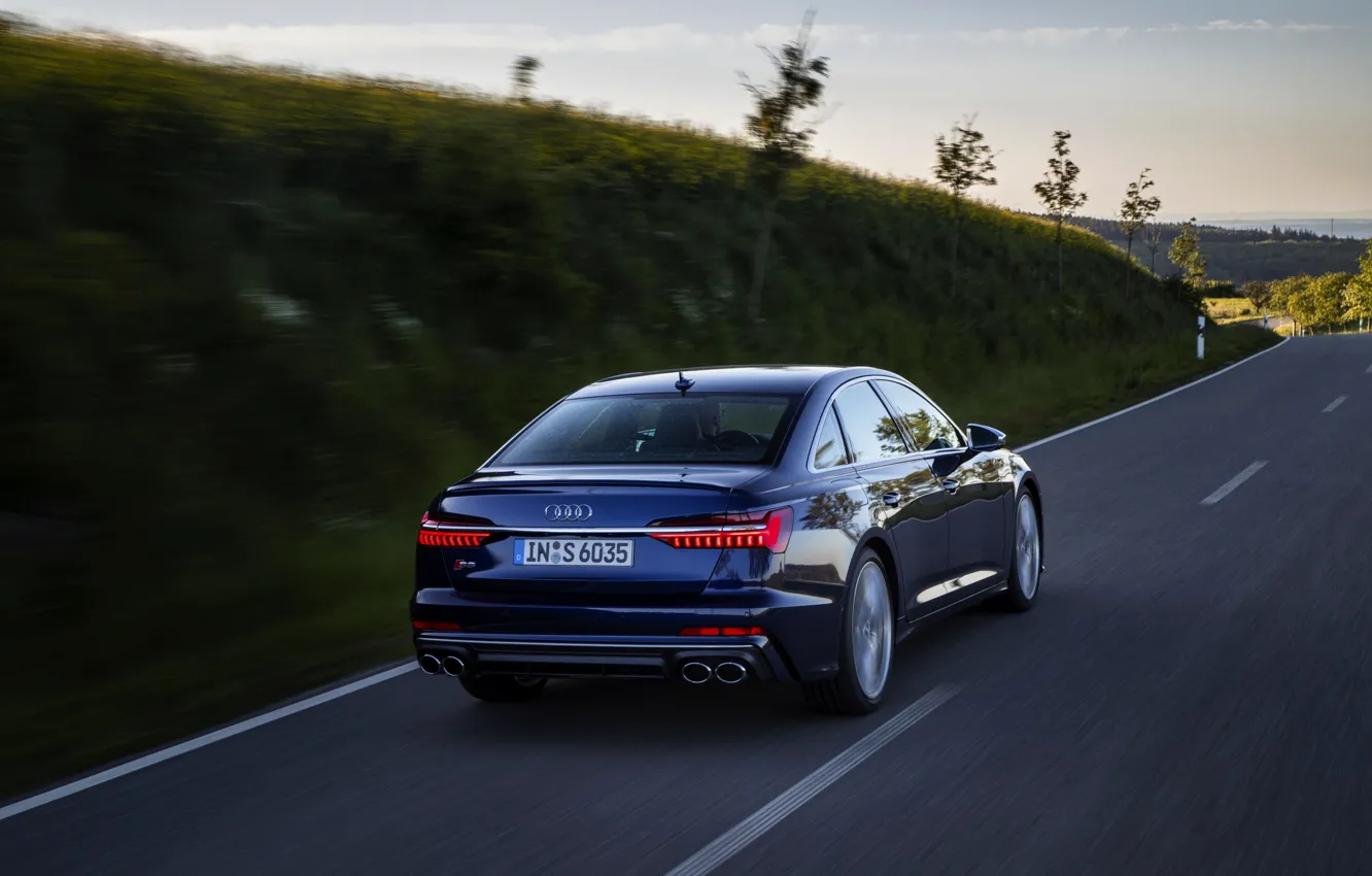 Фото обои дорога, Audi, сзади, седан, тёмно-синий, Audi A6, 2019, Audi S6