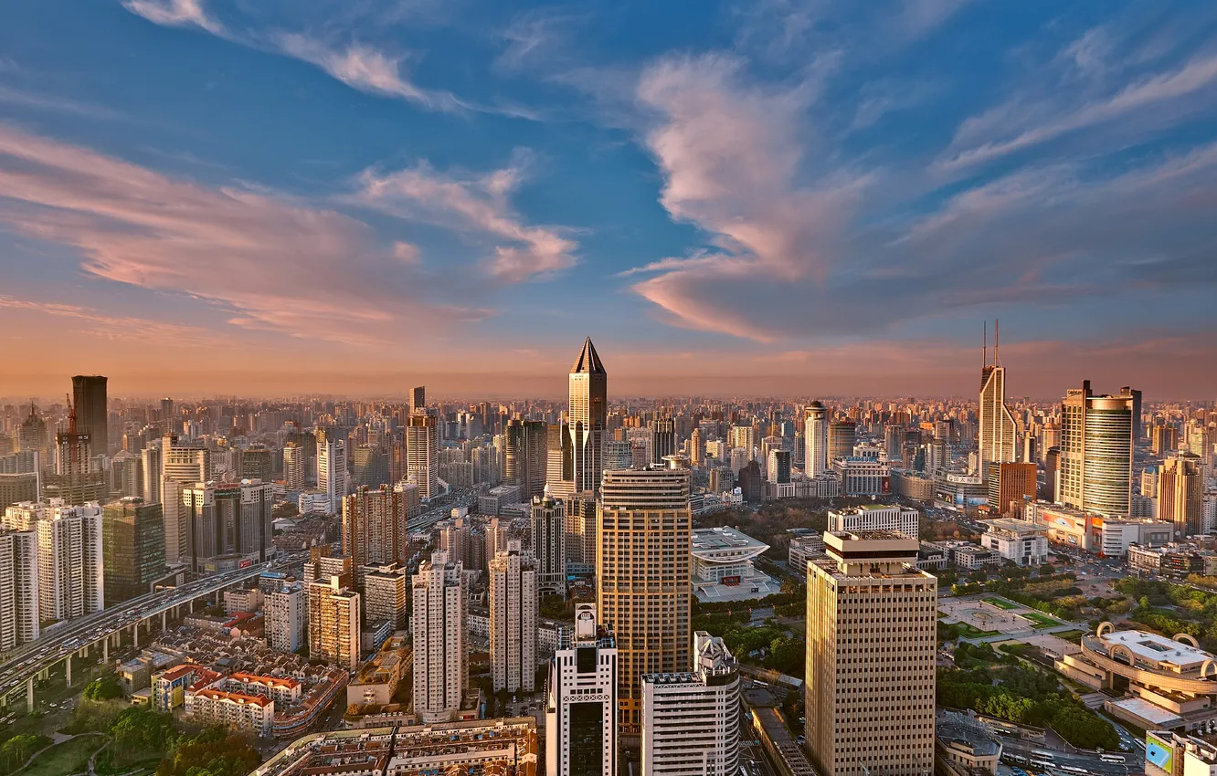 Фото обои небоскребы, утро, Китай, Шанхай